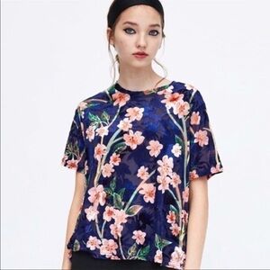 ZARA BLUE/PURPLE PINK FLORAL VELVET BURNOUT FRONT FANCY TEE